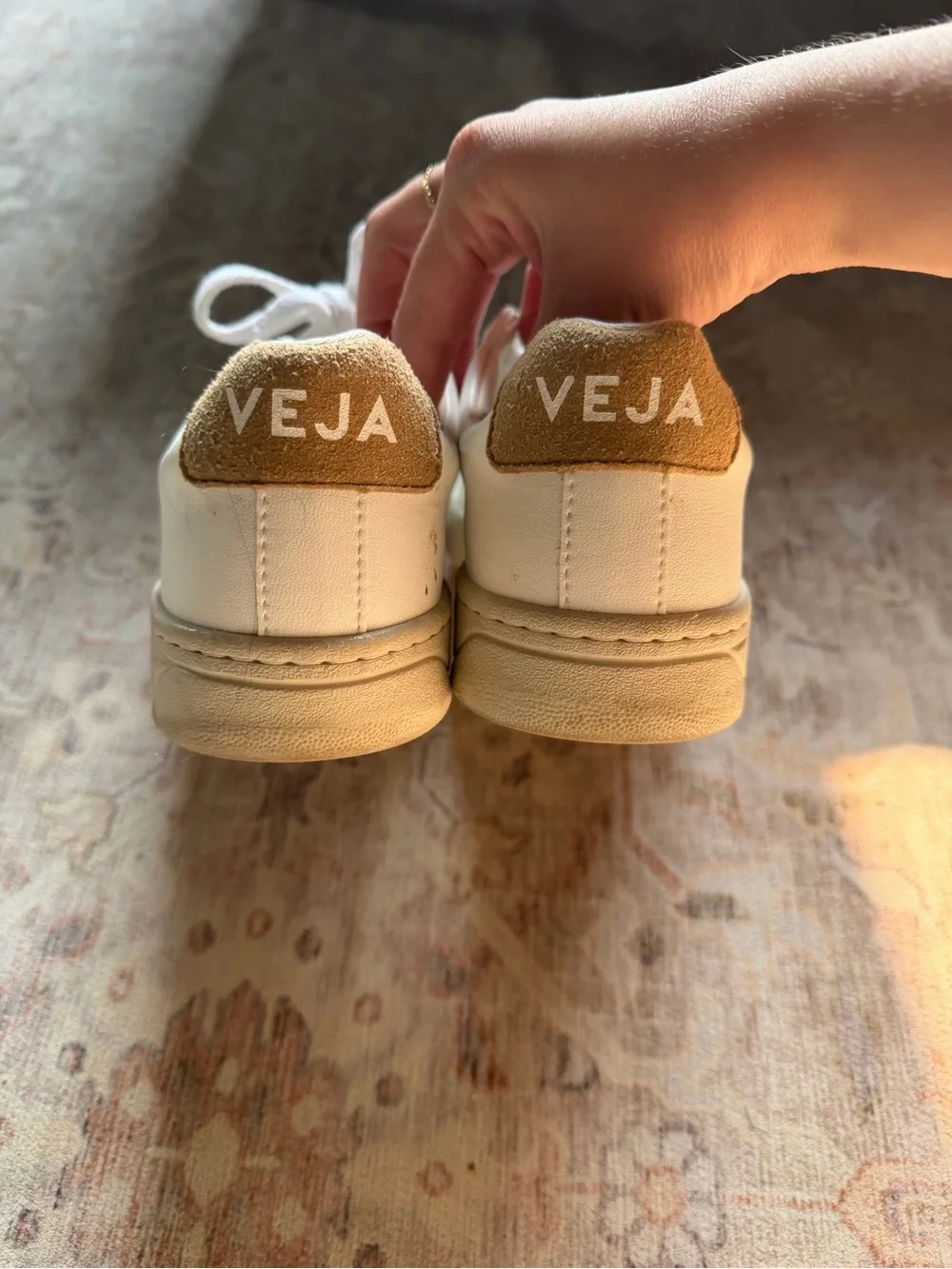 Veja Women Leather Sneakers in White with Tan Accents